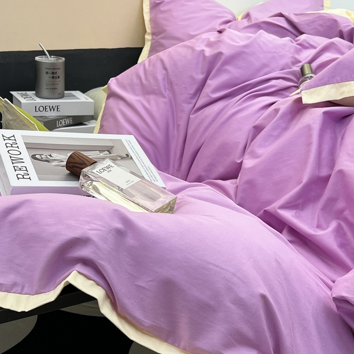 91家纺网 家纺一手货源 找家纺 安莱生活 2023新款60s长绒棉贡缎双拼小宽边四件套 紫嫣双拼奶黄