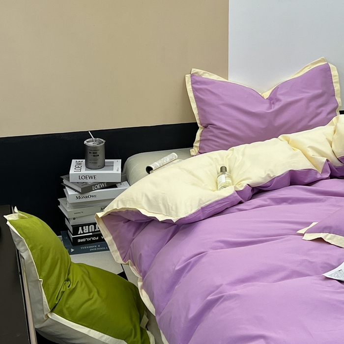 91家纺网 家纺一手货源 找家纺 安莱生活 2023新款60s长绒棉贡缎双拼小宽边四件套 紫嫣双拼奶黄