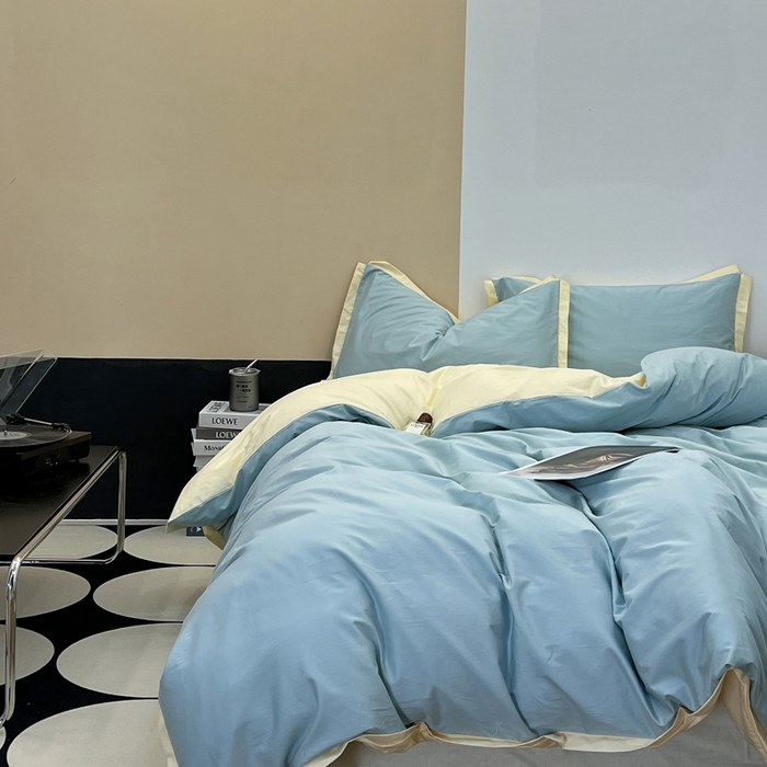 91家纺网 家纺一手货源 找家纺 安莱生活 2023新款60s长绒棉贡缎双拼小宽边四件套 青柠双拼奶黄