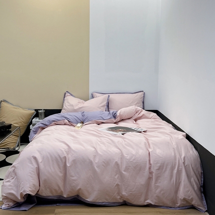 91家纺网 家纺一手货源 找家纺 安莱生活 2023新款60s长绒棉贡缎双拼小宽边四件套 浅灰双拼淡蓝