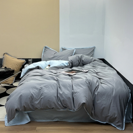 91家纺网 家纺一手货源 找家纺 安莱生活 2023新款60s长绒棉贡缎双拼小宽边四件套 浅灰双拼淡蓝