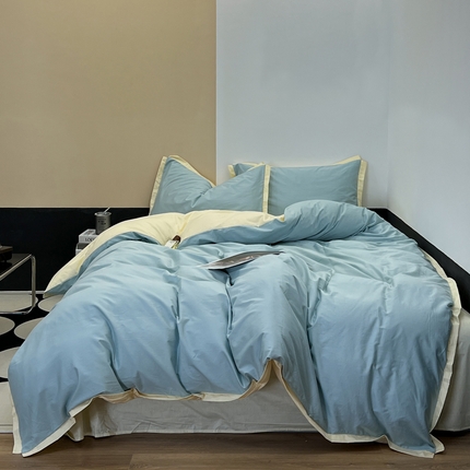 91家纺网 家纺一手货源 找家纺 安莱生活 2023新款60s长绒棉贡缎双拼小宽边四件套 浅灰双拼淡蓝