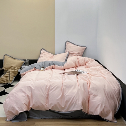 91家纺网 家纺一手货源 找家纺 安莱生活 2023新款60s长绒棉贡缎双拼小宽边四件套 浅灰双拼淡蓝