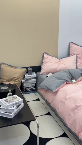 91家纺网 家纺一手货源 找家纺 安莱生活 2023新款60s长绒棉贡缎双拼小宽边四件套 嫩粉双拼浅灰