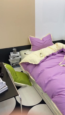 91家纺网 家纺一手货源 找家纺 安莱生活 2023新款60s长绒棉贡缎双拼小宽边四件套 紫嫣双拼奶黄