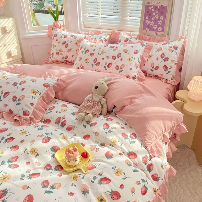 91家纺网 家纺一手货源 找家纺 梦之岛  2023新款棉麻水洗双层纱床裙四件套 草莓恋