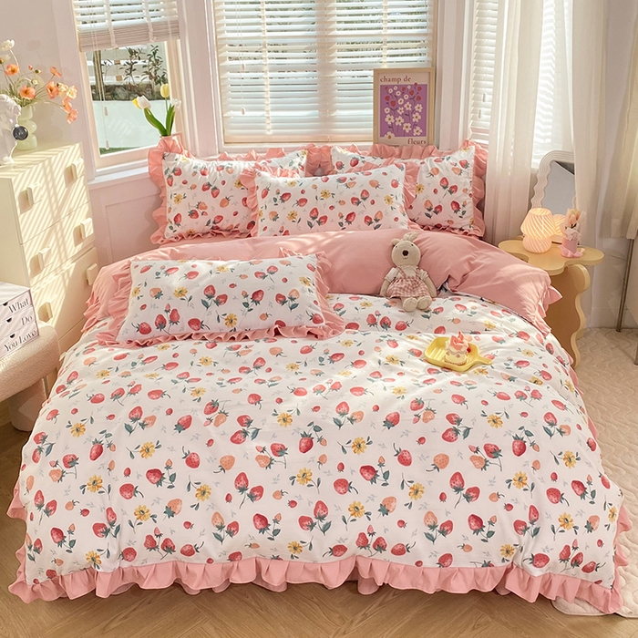 91家纺网 家纺一手货源 找家纺 梦之岛  2023新款棉麻水洗双层纱床裙四件套 草莓恋