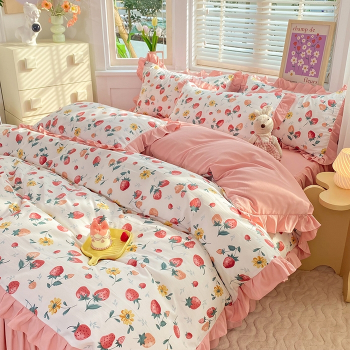 91家纺网 家纺一手货源 找家纺 梦之岛  2023新款棉麻水洗双层纱床裙四件套 草莓恋