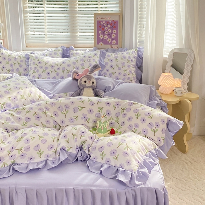 91家纺网 家纺一手货源 找家纺 （总）梦之岛  2023新款棉麻水洗双层纱床裙四件套