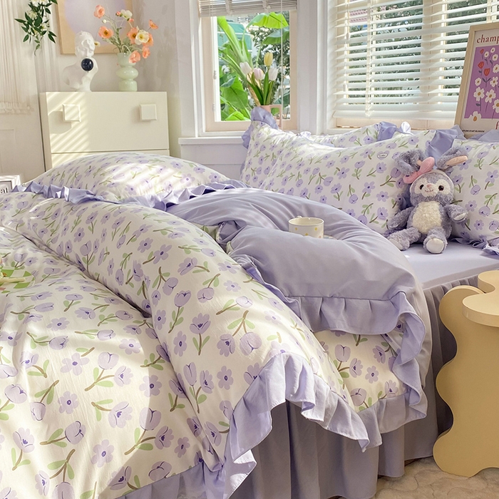 91家纺网 家纺一手货源 找家纺 （总）梦之岛  2023新款棉麻水洗双层纱床裙四件套