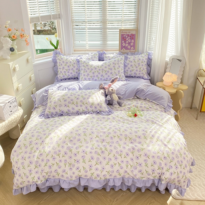 91家纺网 家纺一手货源 找家纺 梦之岛  2023新款棉麻水洗双层纱床裙四件套 初春