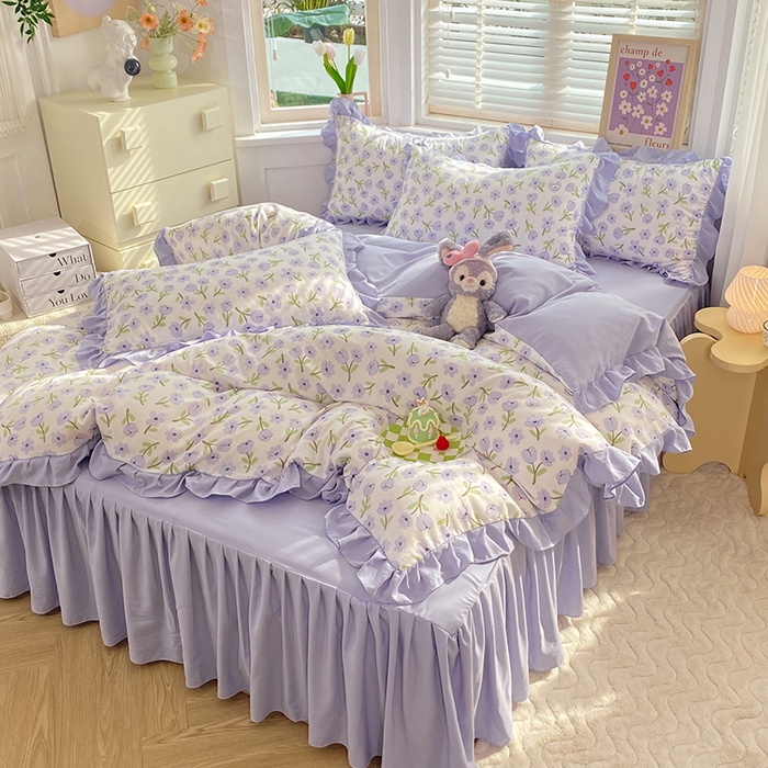 91家纺网 家纺一手货源 找家纺 梦之岛  2023新款棉麻水洗双层纱床裙四件套 初春