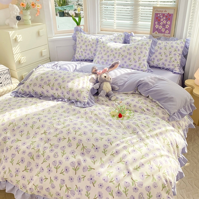 91家纺网 家纺一手货源 找家纺 梦之岛  2023新款棉麻水洗双层纱床裙四件套 初春