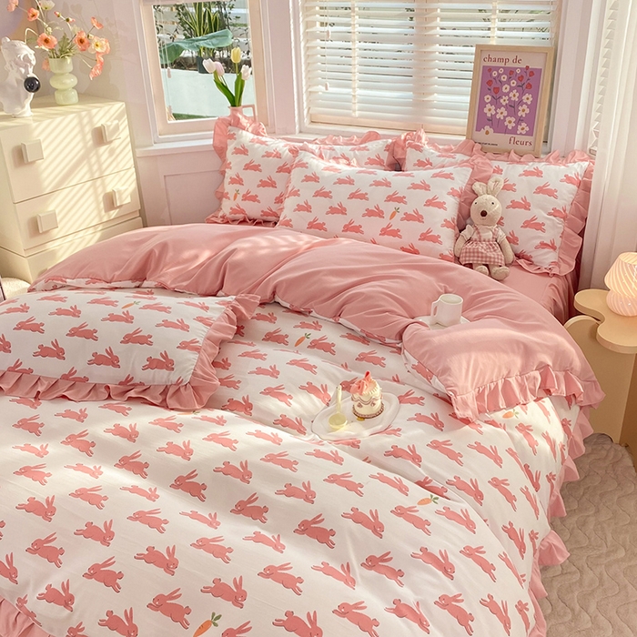 91家纺网 家纺一手货源 找家纺 梦之岛  2023新款棉麻水洗双层纱床裙四件套 大展宏兔