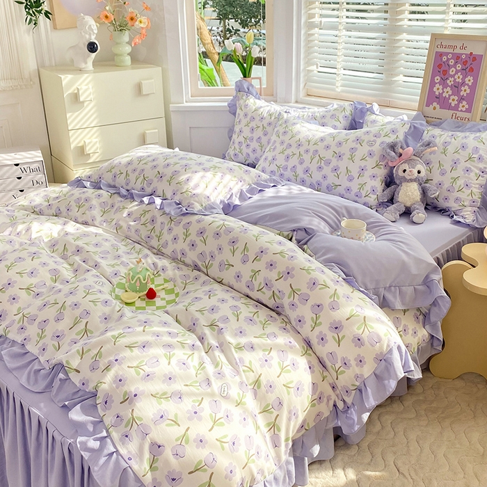 91家纺网 家纺一手货源 找家纺 梦之岛  2023新款棉麻水洗双层纱床裙四件套 初春