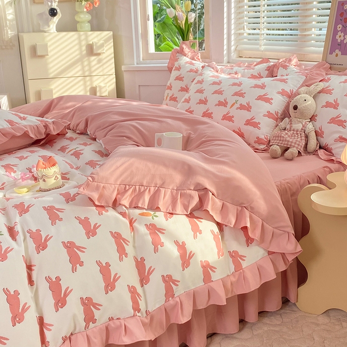 91家纺网 家纺一手货源 找家纺 梦之岛  2023新款棉麻水洗双层纱床裙四件套 大展宏兔