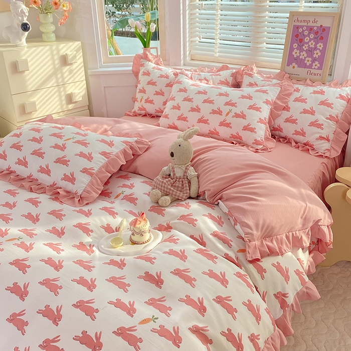 91家纺网 家纺一手货源 找家纺 梦之岛  2023新款棉麻水洗双层纱床裙四件套 大展宏兔