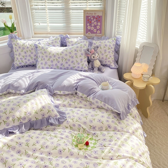 91家纺网 家纺一手货源 找家纺 梦之岛  2023新款棉麻水洗双层纱床裙四件套 初春