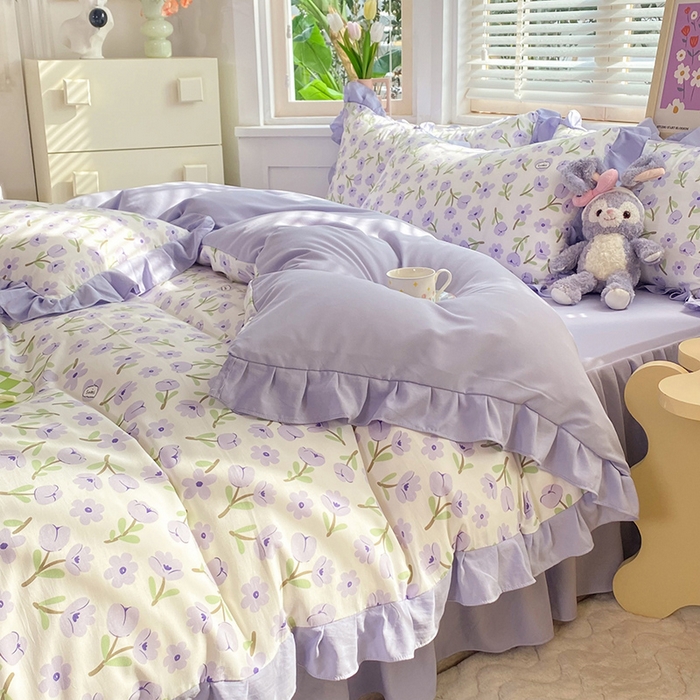 91家纺网 家纺一手货源 找家纺 梦之岛  2023新款棉麻水洗双层纱床裙四件套 初春