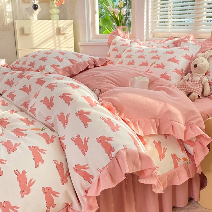 91家纺网 家纺一手货源 找家纺 梦之岛  2023新款棉麻水洗双层纱床裙四件套 大展宏兔