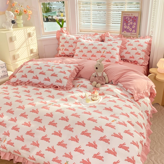 91家纺网 家纺一手货源 找家纺 梦之岛  2023新款棉麻水洗双层纱床裙四件套 大展宏兔