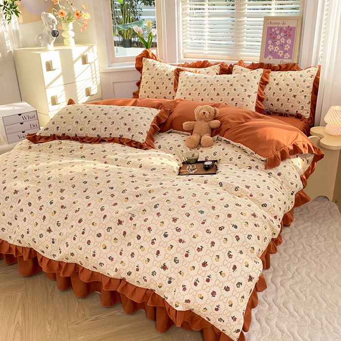 91家纺网 家纺一手货源 找家纺 梦之岛  2023新款棉麻水洗双层纱床裙四件套 芳菲