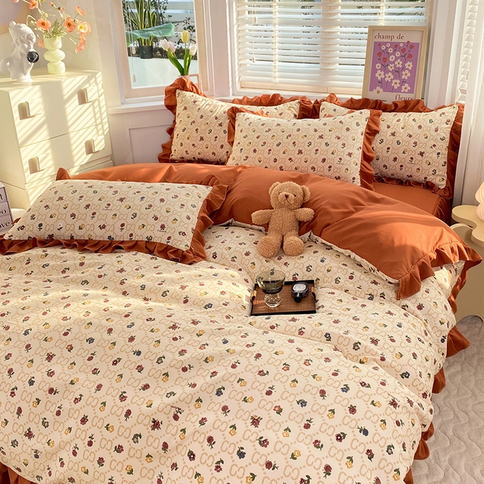 91家纺网 家纺一手货源 找家纺 梦之岛  2023新款棉麻水洗双层纱床裙四件套 芳菲