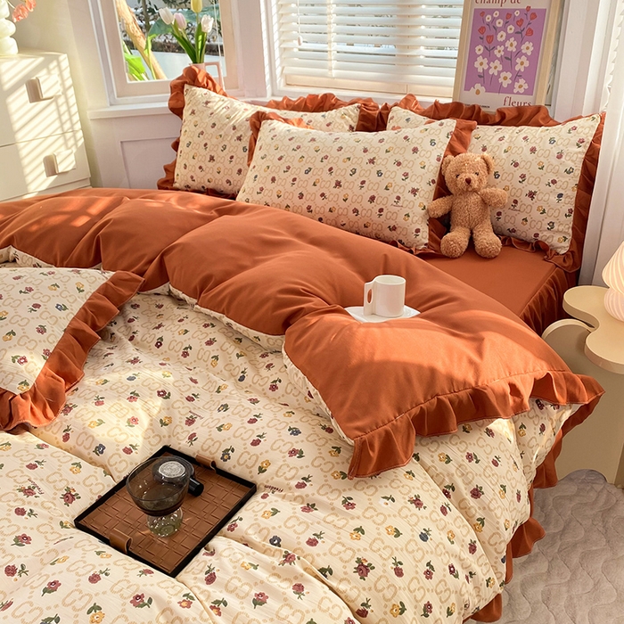 91家纺网 家纺一手货源 找家纺 梦之岛  2023新款棉麻水洗双层纱床裙四件套 芳菲