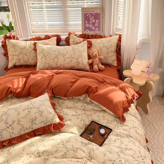 91家纺网 家纺一手货源 找家纺 梦之岛  2023新款棉麻水洗双层纱床裙四件套 花语