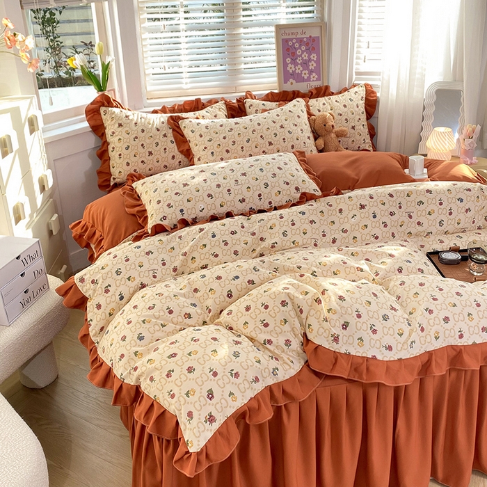 91家纺网 家纺一手货源 找家纺 梦之岛  2023新款棉麻水洗双层纱床裙四件套 芳菲