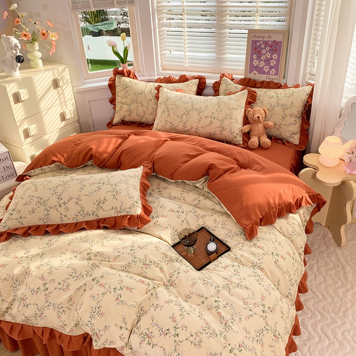 91家纺网 家纺一手货源 找家纺 梦之岛  2023新款棉麻水洗双层纱床裙四件套 花语