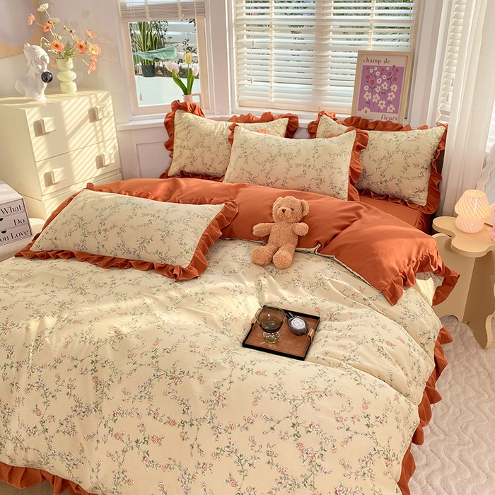 91家纺网 家纺一手货源 找家纺 梦之岛  2023新款棉麻水洗双层纱床裙四件套 花语