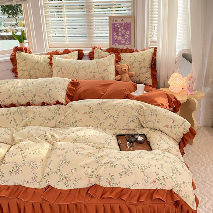 91家纺网 家纺一手货源 找家纺 梦之岛  2023新款棉麻水洗双层纱床裙四件套 花语