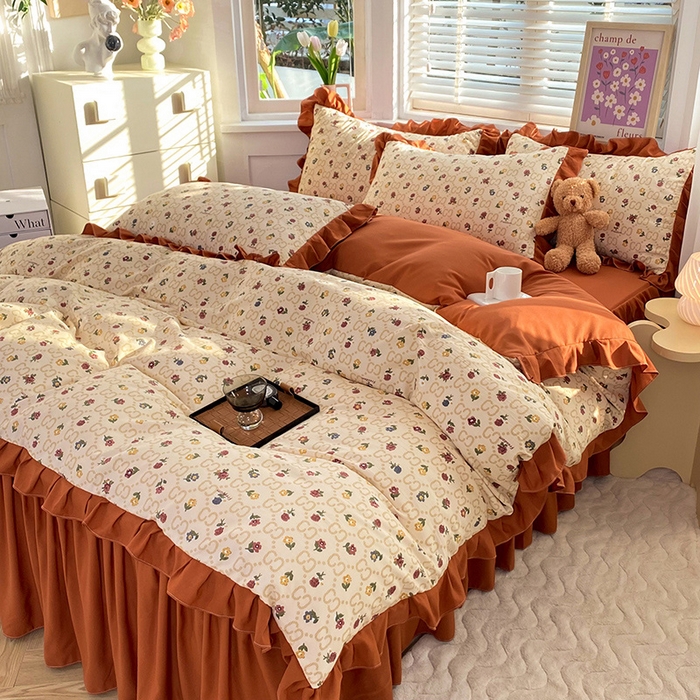 91家纺网 家纺一手货源 找家纺 梦之岛  2023新款棉麻水洗双层纱床裙四件套 芳菲