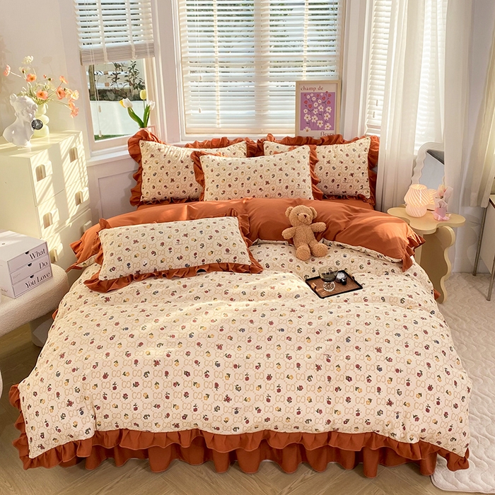 91家纺网 家纺一手货源 找家纺 梦之岛  2023新款棉麻水洗双层纱床裙四件套 芳菲