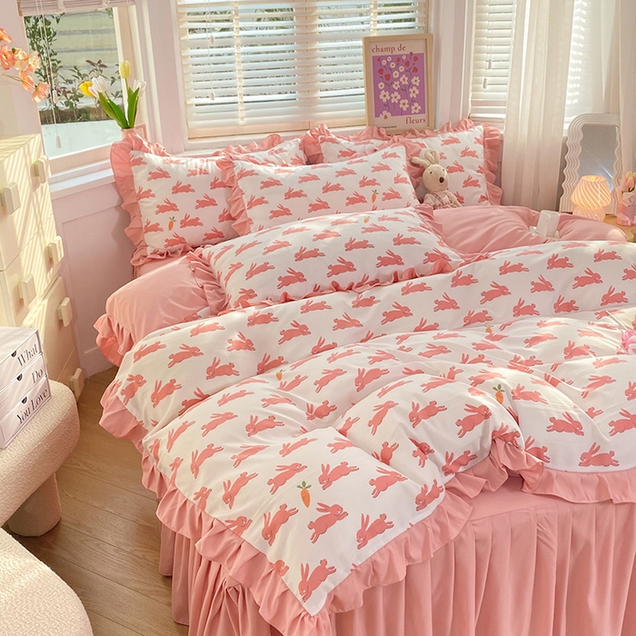 91家纺网 家纺一手货源 找家纺 梦之岛  2023新款棉麻水洗双层纱床裙四件套 大展宏兔