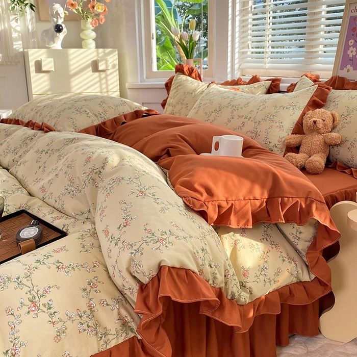 91家纺网 家纺一手货源 找家纺 梦之岛  2023新款棉麻水洗双层纱床裙四件套 花语