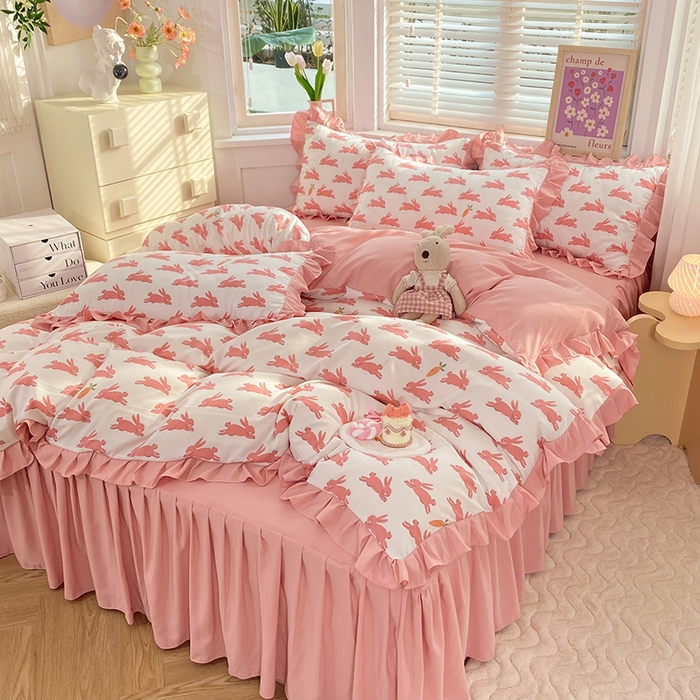 91家纺网 家纺一手货源 找家纺 梦之岛  2023新款棉麻水洗双层纱床裙四件套 大展宏兔