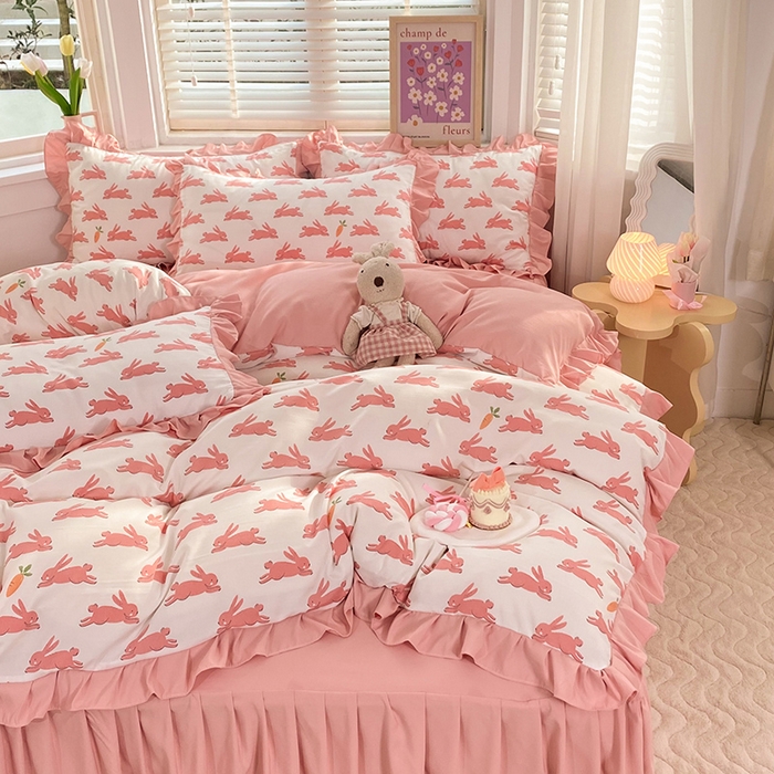 91家纺网 家纺一手货源 找家纺 梦之岛  2023新款棉麻水洗双层纱床裙四件套 大展宏兔