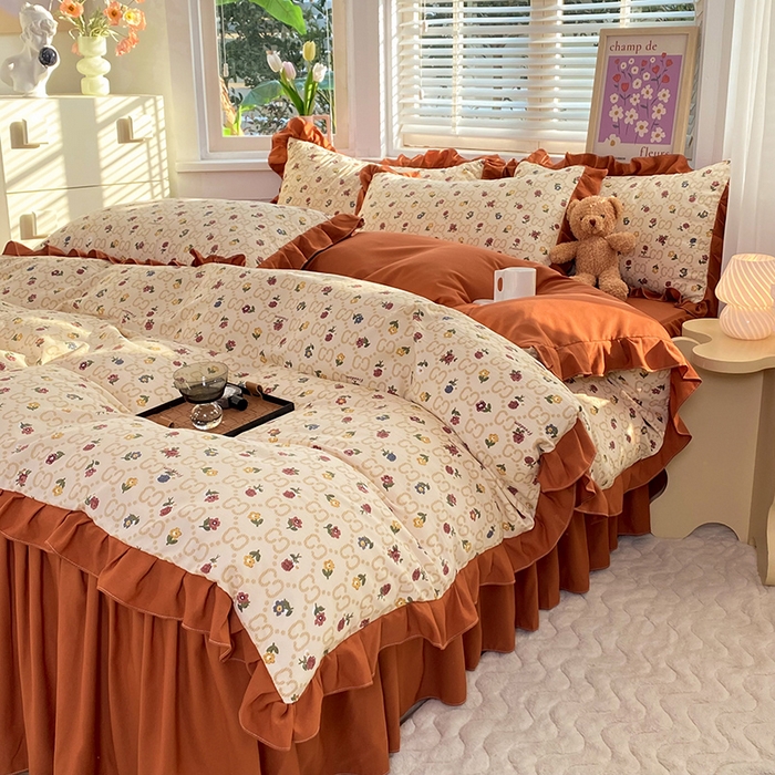 91家纺网 家纺一手货源 找家纺 梦之岛  2023新款棉麻水洗双层纱床裙四件套 芳菲