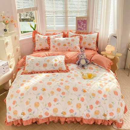 梦之岛  2023新款棉麻水洗双层纱床裙四件套 玫瑰小兔