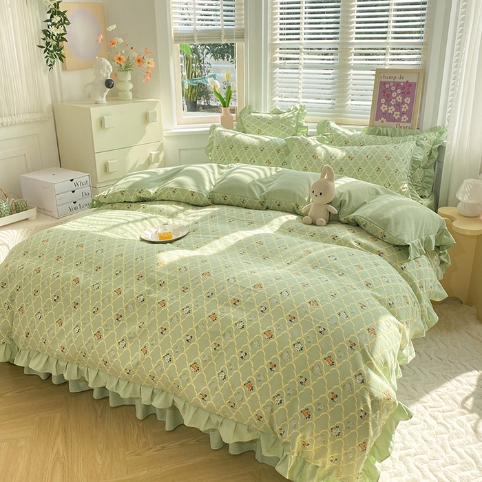 91家纺网 家纺一手货源 找家纺 梦之岛  2023新款棉麻水洗双层纱床裙四件套 慕青