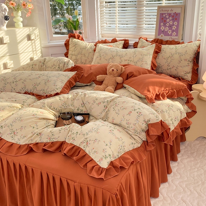 91家纺网 家纺一手货源 找家纺 梦之岛  2023新款棉麻水洗双层纱床裙四件套 花语