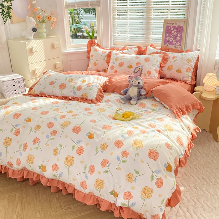 91家纺网 家纺一手货源 找家纺 梦之岛  2023新款棉麻水洗双层纱床裙四件套 玫瑰小兔