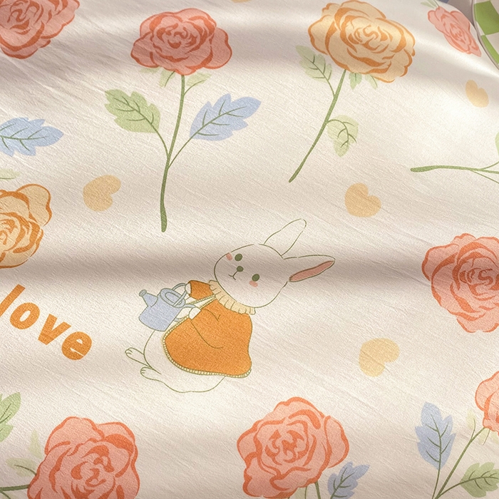 91家纺网 家纺一手货源 找家纺 梦之岛  2023新款棉麻水洗双层纱床裙四件套 玫瑰小兔