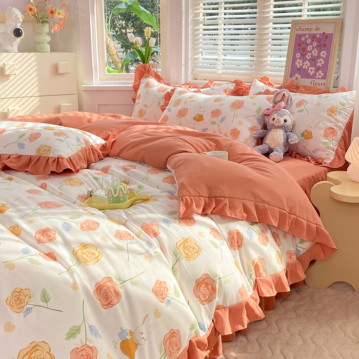 91家纺网 家纺一手货源 找家纺 梦之岛  2023新款棉麻水洗双层纱床裙四件套 玫瑰小兔