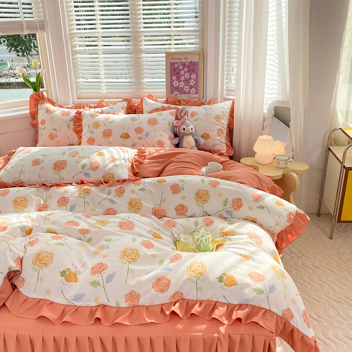 91家纺网 家纺一手货源 找家纺 梦之岛  2023新款棉麻水洗双层纱床裙四件套 玫瑰小兔