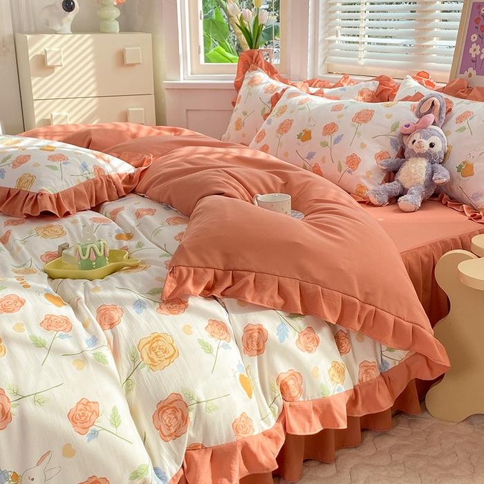 91家纺网 家纺一手货源 找家纺 梦之岛  2023新款棉麻水洗双层纱床裙四件套 玫瑰小兔