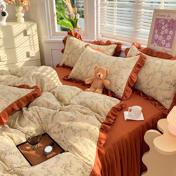 91家纺网 家纺一手货源 找家纺 梦之岛  2023新款棉麻水洗双层纱床裙四件套 花语