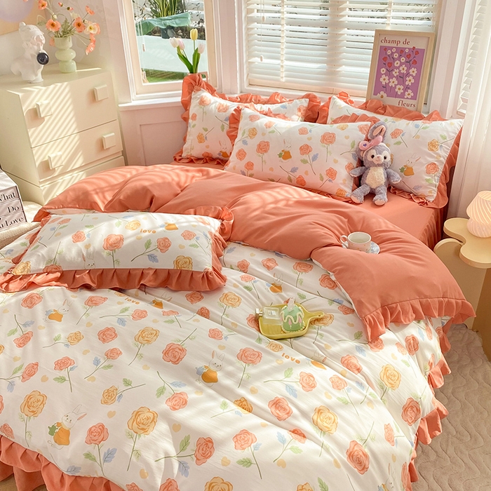 91家纺网 家纺一手货源 找家纺 梦之岛  2023新款棉麻水洗双层纱床裙四件套 玫瑰小兔